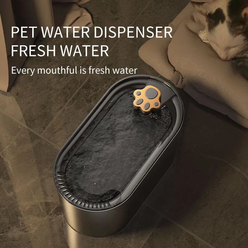 Berlin blue automatic pet water fountain with filter on a kitchen floor.