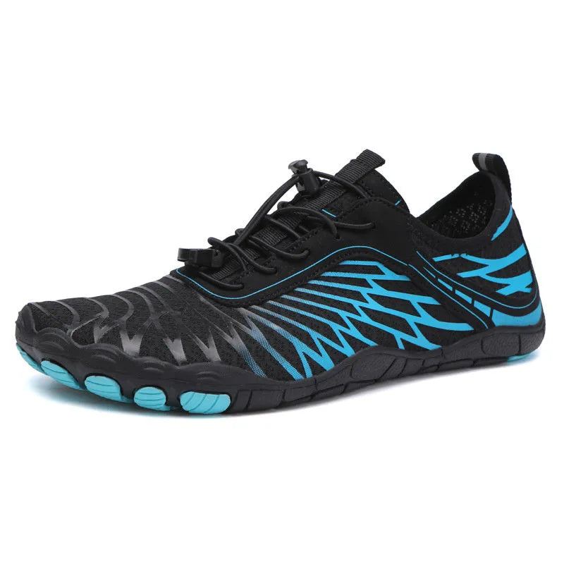 A pair of white outdoor casual lace-up shoes with a rubber sole on a plain background.