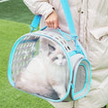 Hard EVA transparent cat carrier backpack in grass green, showing large space capsule design and backpack straps.