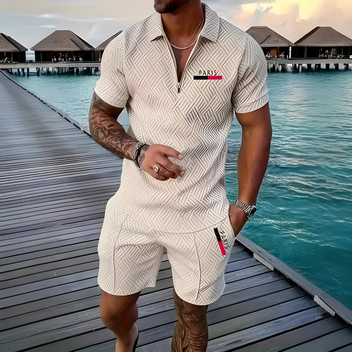 Men's retro plaid beach suit with PARIS heat transfer patch, short-sleeve T-shirt and shorts set in nine colours