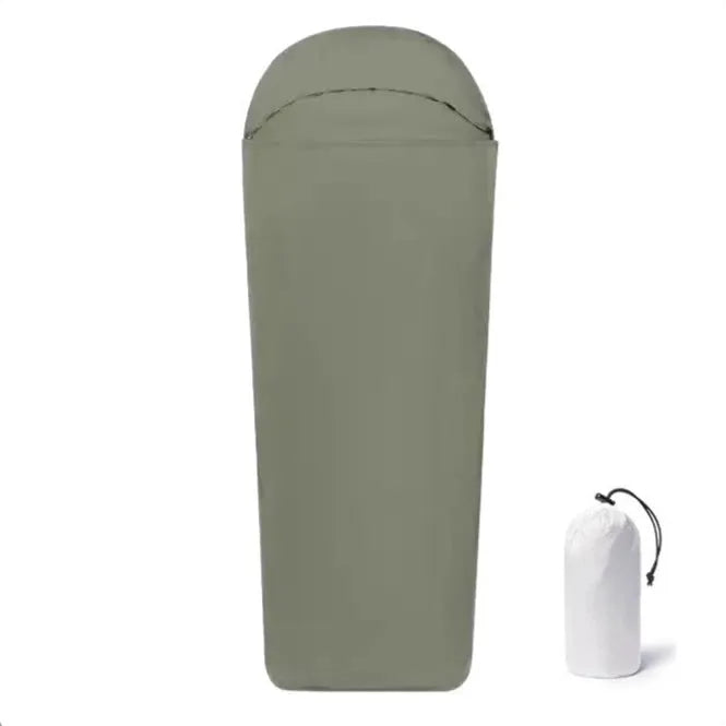 Blue nylon mummy camping sleeping bag showing tapered design and matt nylon fabric texture