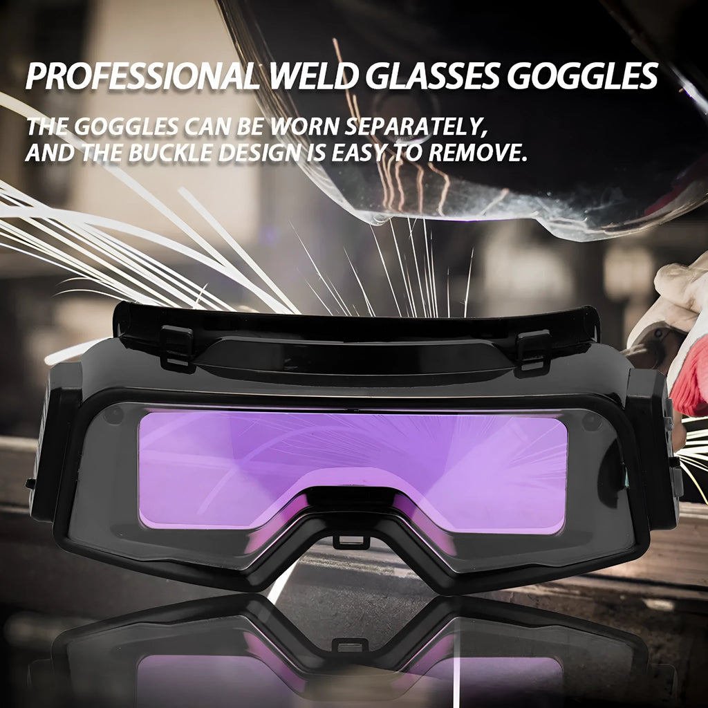 Black automatic darkening welding mask with wide rectangular lens and headband.