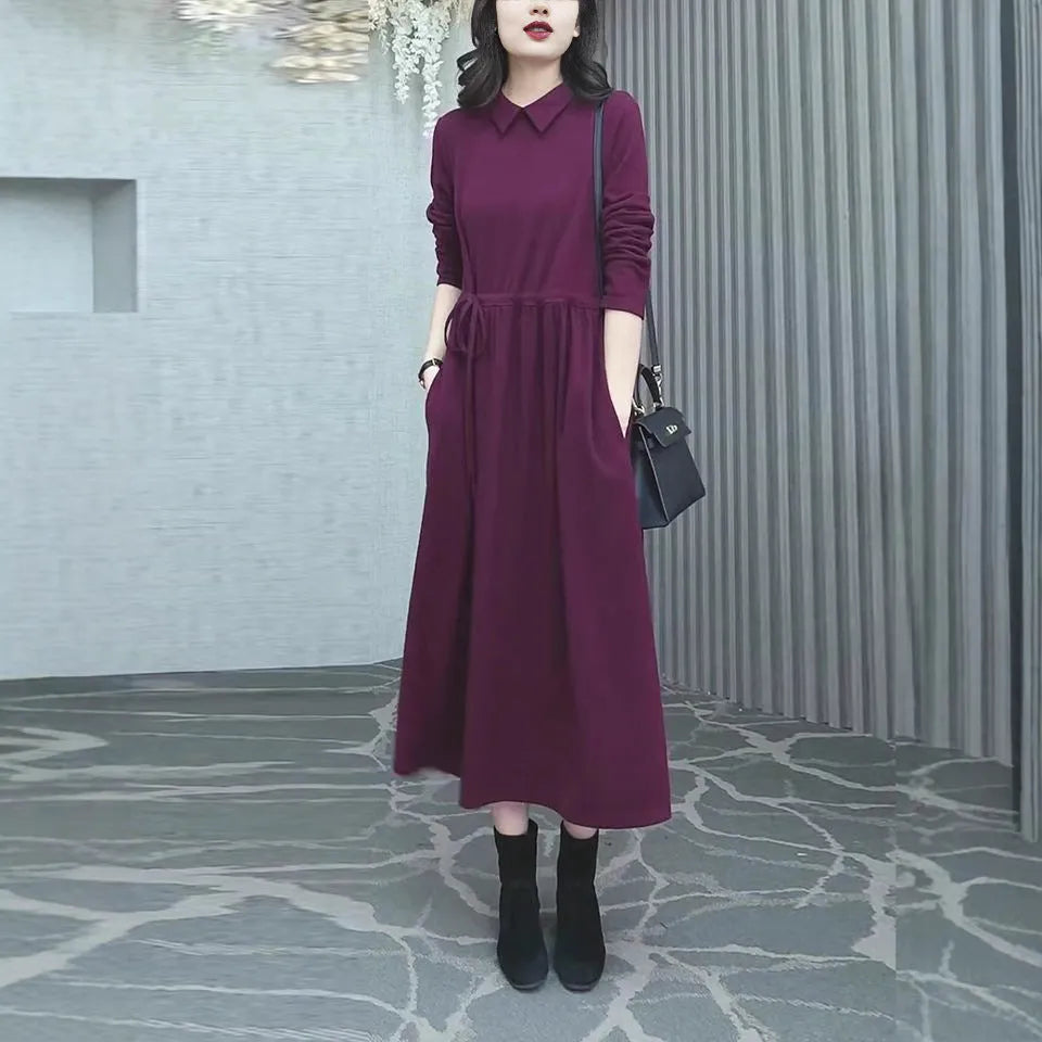 Women's purplish red long sleeve long skirt dress with extra long sleeves