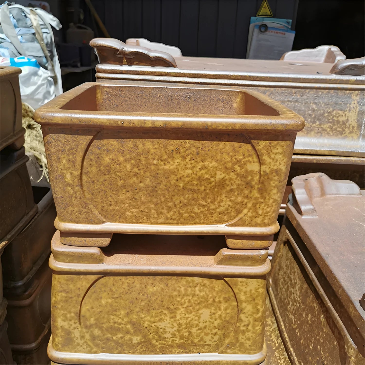 Square brown purple sand bonsai pot set of two high temperature fired Chinese style