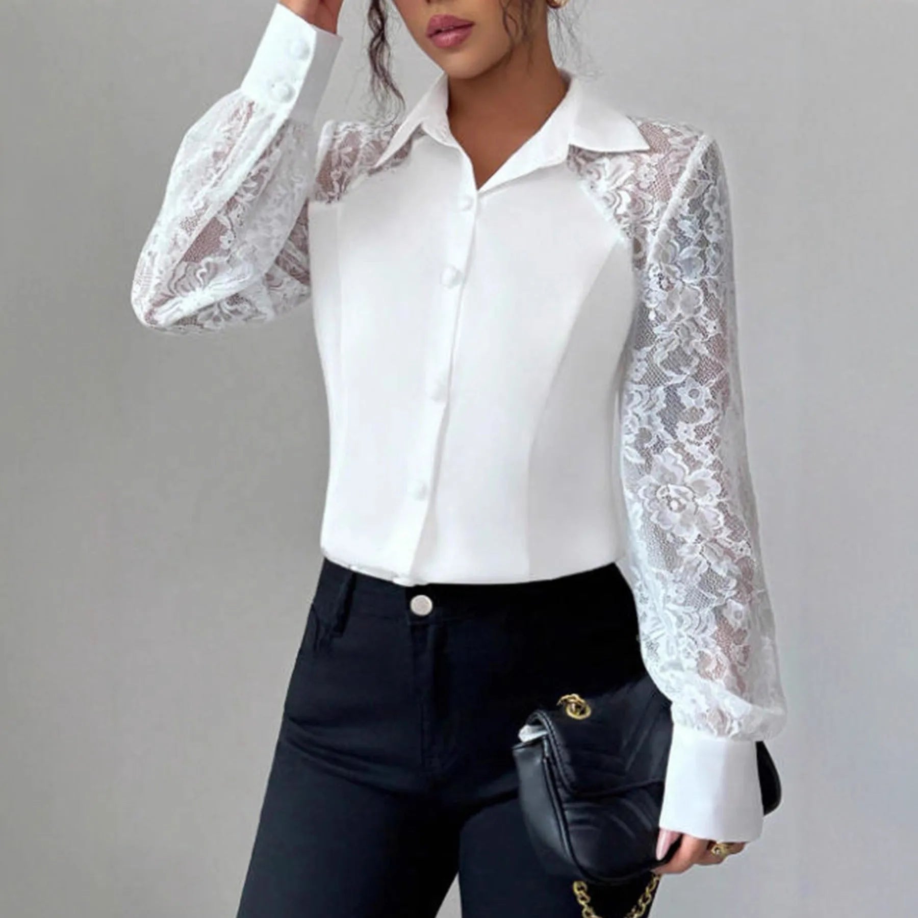 Women's white lace hollow out long sleeve button shirt with polyester fabric casual top