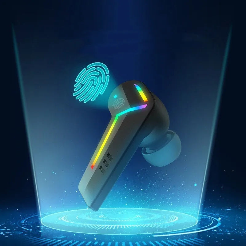 Small black wireless TWS Bluetooth gaming headset with earplug design