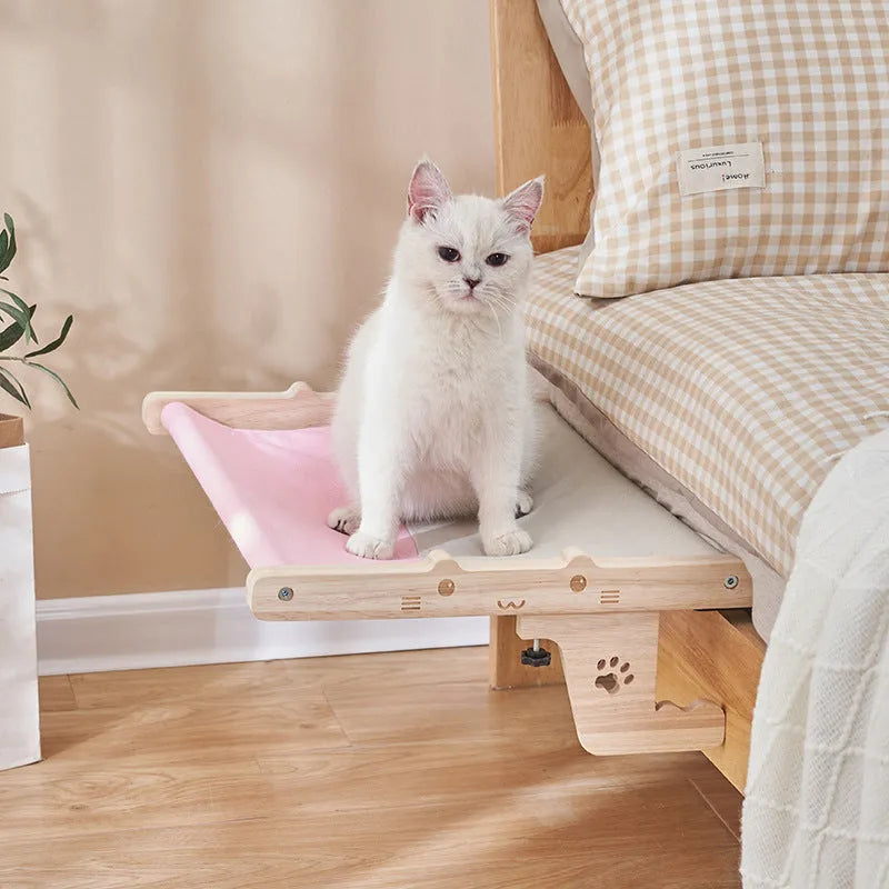 Wooden cat hanging bed hammock suspended with adjustable straps in one of seven available styles