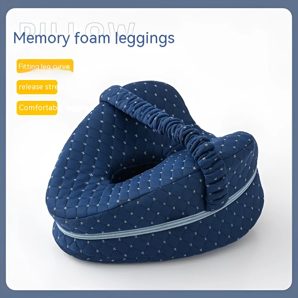 Heart-shaped dark blue jacquard memory foam leg pillow for adult knee and leg support.