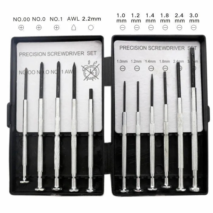 TH-6177 11-piece clock repair screwdriver set with cross and flat heads on a workbench.