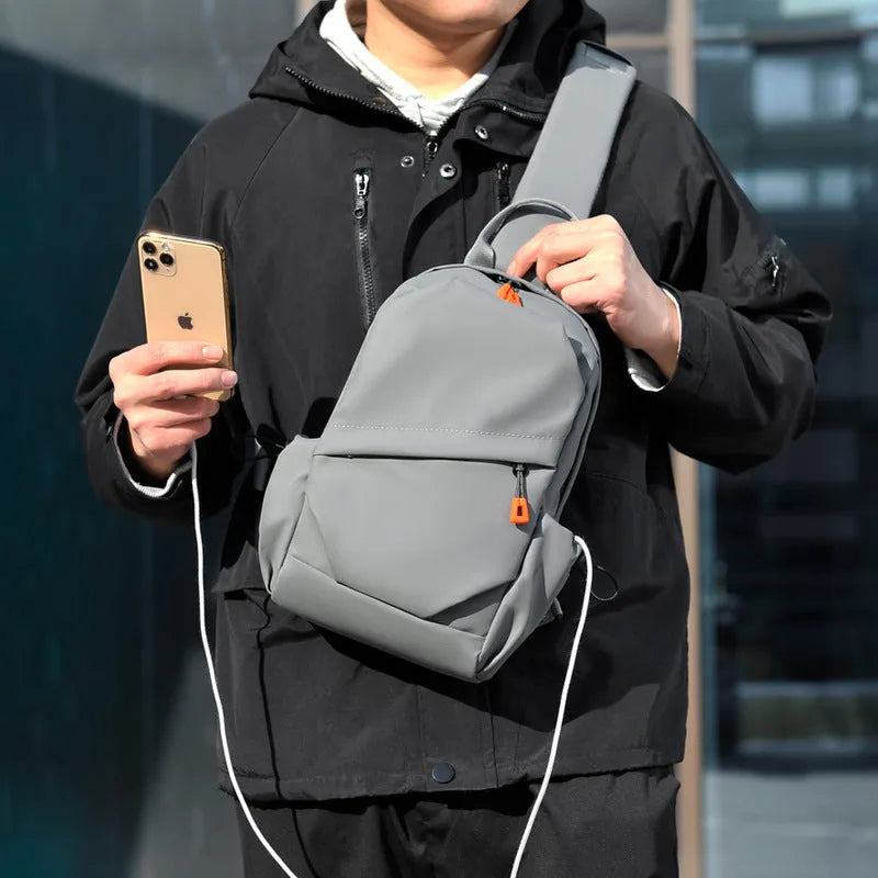 Men's black and grey waterproof polyester crossbody bag with single shoulder strap