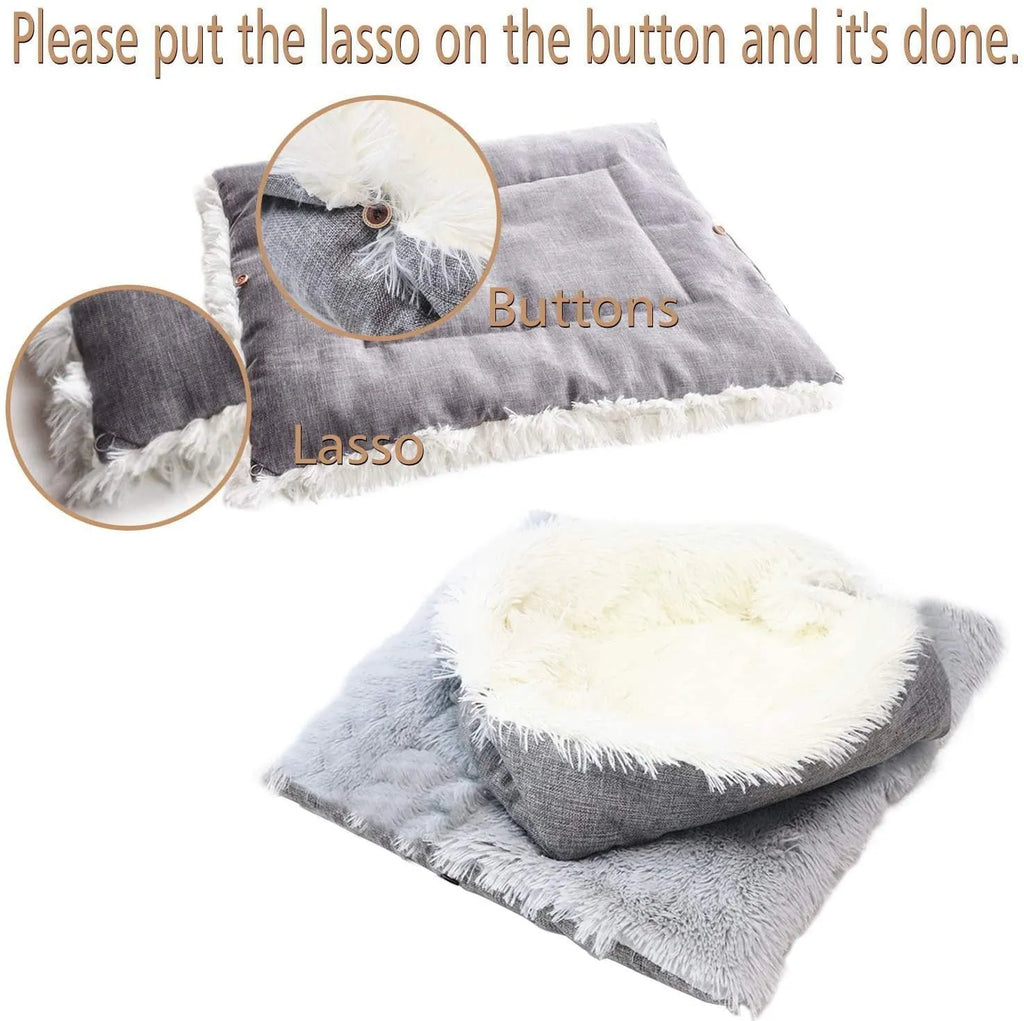 Grey plush pet blanket and bed with raised sides and a black non-slip bottom, shown on a wooden floor.