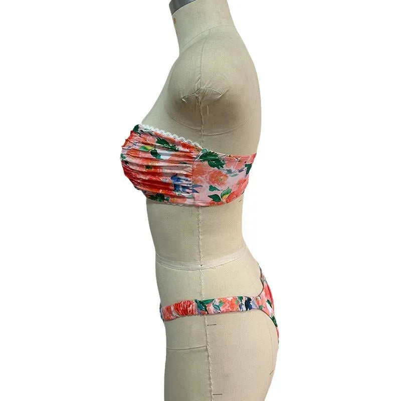Floral print bikini set with tube top and briefs in European swimwear style