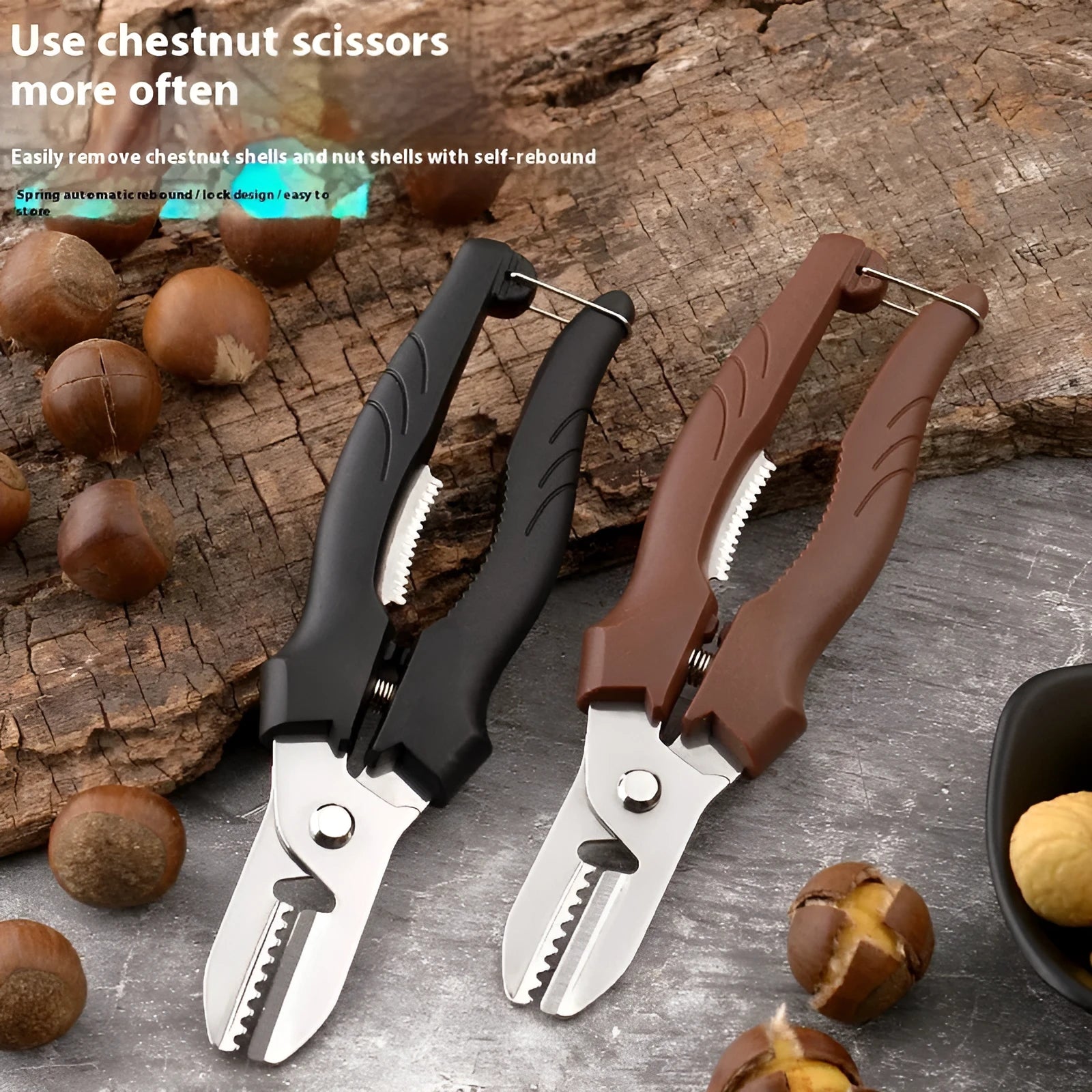 Pair of stainless steel chestnut opening scissors in black colour on white background
