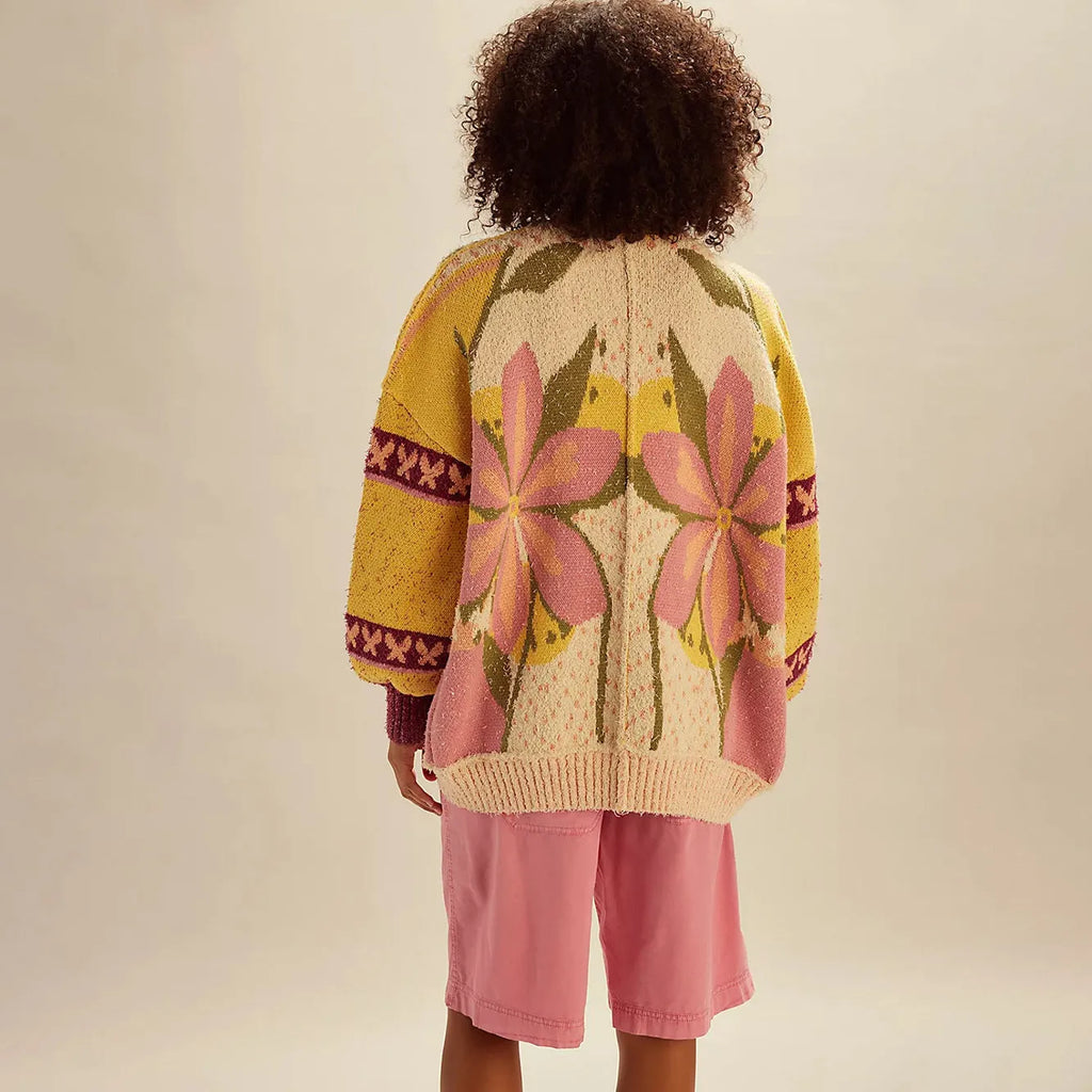 Women's abstract print lapel loose long sleeve sweater knitwear in pictured colour, one size