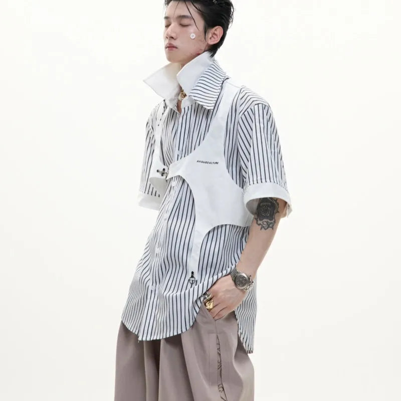 Men's black and white striped cotton short sleeve shirt with lapel collar
