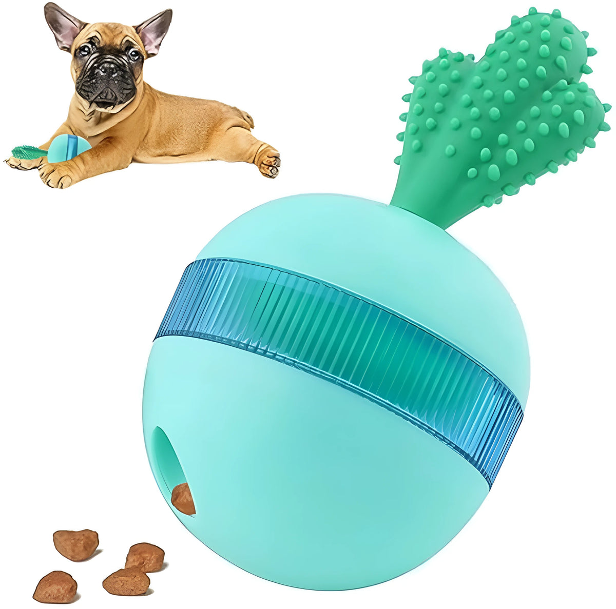 Blue and green durable rubber treat dispensing dog toy with tumbler ball design