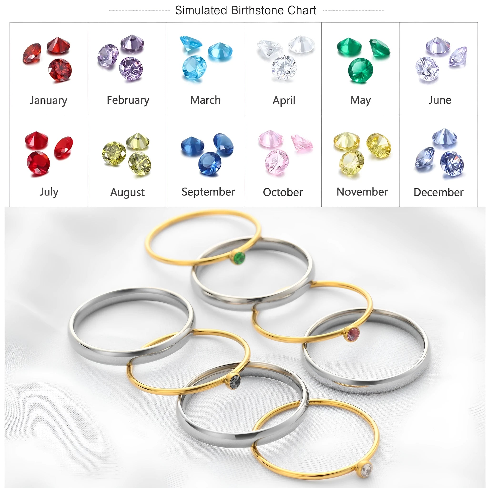 Gold tone titanium steel ring with a blue December birthstone and engraved geometric band.