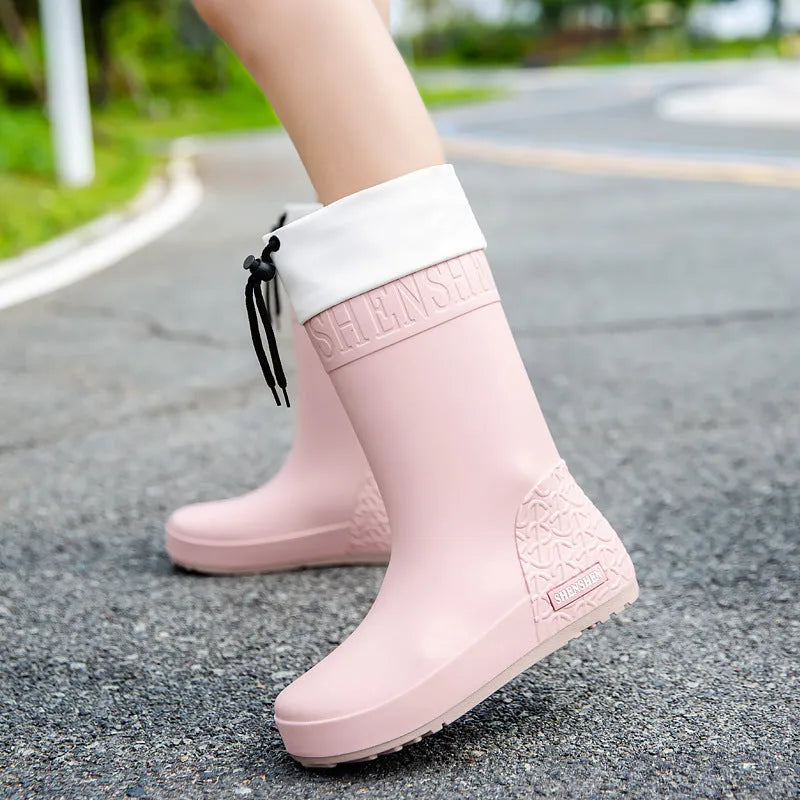 Women's solid colour PVC rain boots with non-slip soles in apricot waterproof mouth