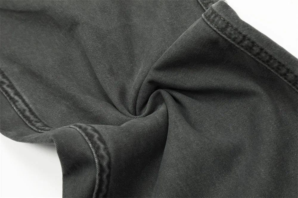 Men's loose casual cotton denim work trousers in black, dark green, and smoky gray, sizes S to XXL