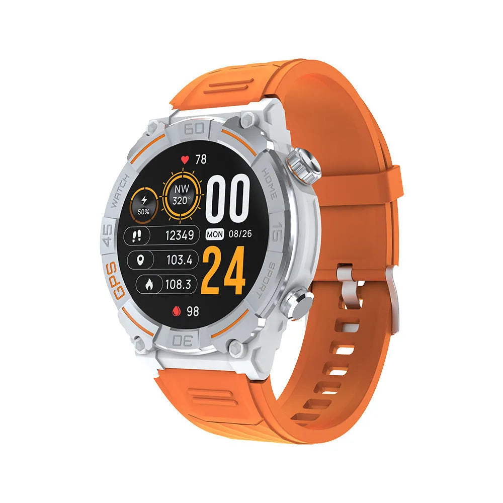 MG02 smart watch in black on wrist, showing TFT touchscreen displaying health stats.