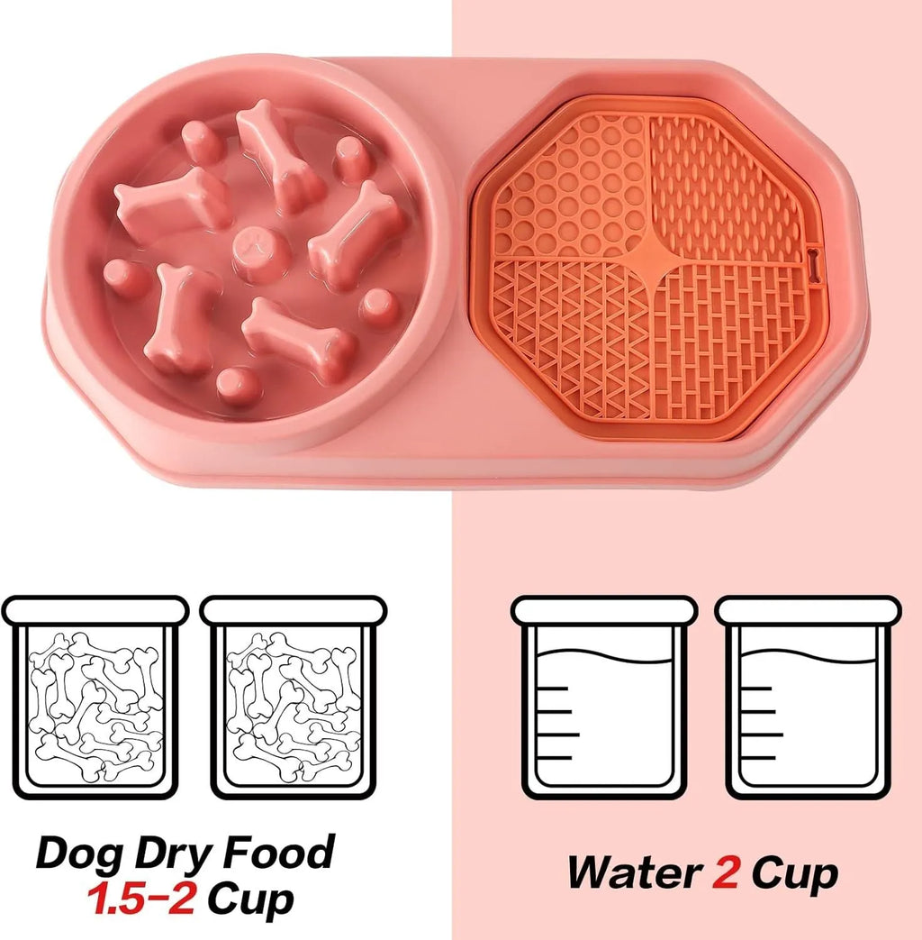 Blue slow feeder dog bowl with maze pattern and non-slip pads for small medium dogs