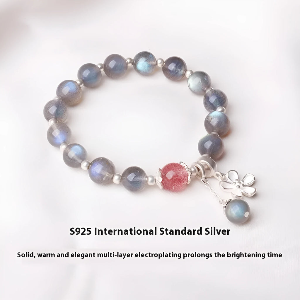 Grey moonlight crystal bracelet with Zodiac design, featuring 7.5mm moonlight lime and strawberry quartz stones on 925 silver.