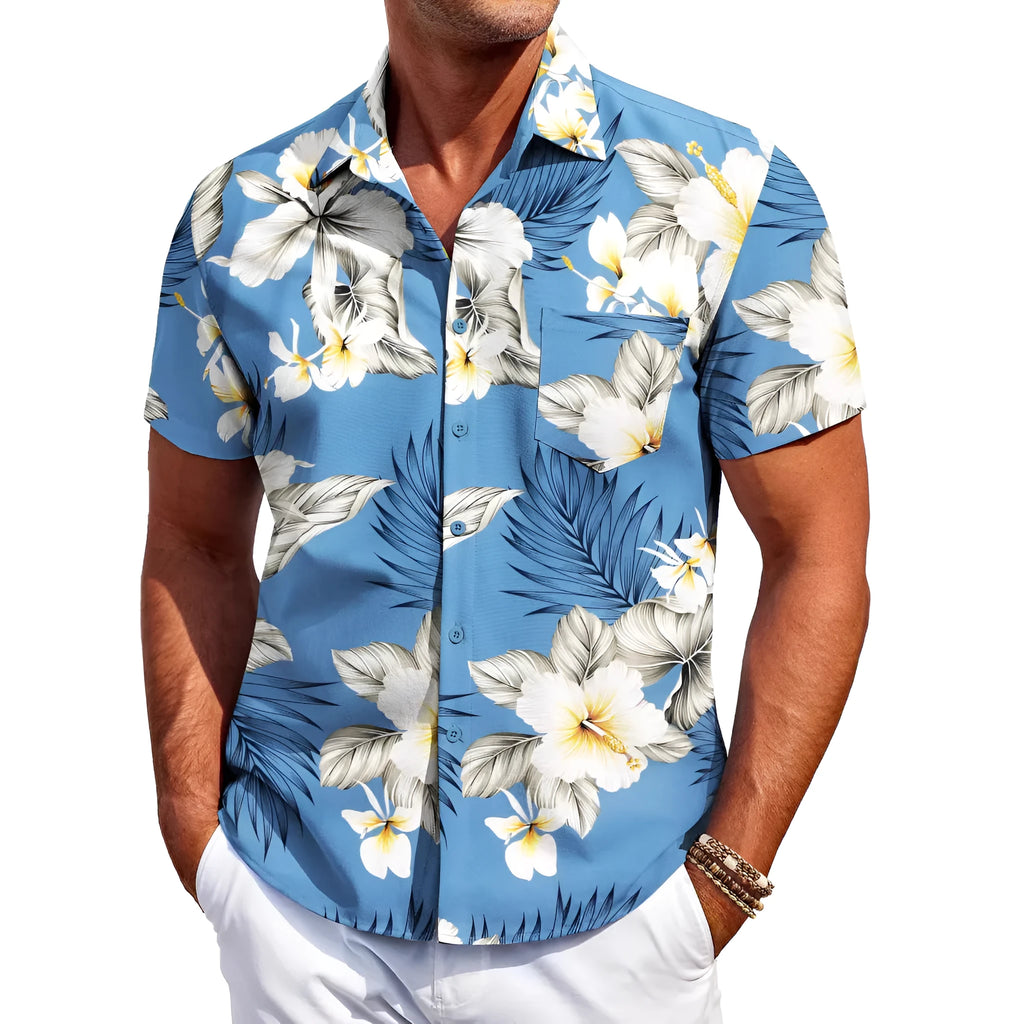 Men's slim fit Hawaiian short sleeve shirt in elastic polyester fabric for summer wear