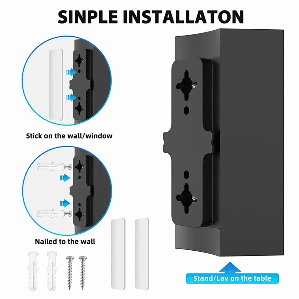 Black plastic HD digital television antenna measuring 18x16x7cm with mounting accessories