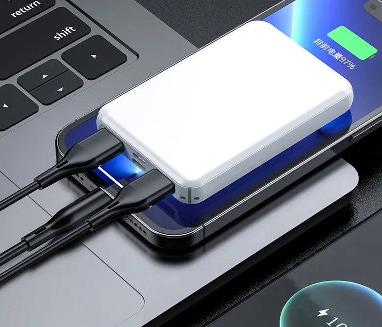 Black and white electric heating vest power bank showing compact 97x64x14mm size.