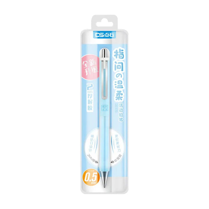 Plastic soft grip mechanical pencil with 0.5mm lead and free-cutting mechanism on card pack