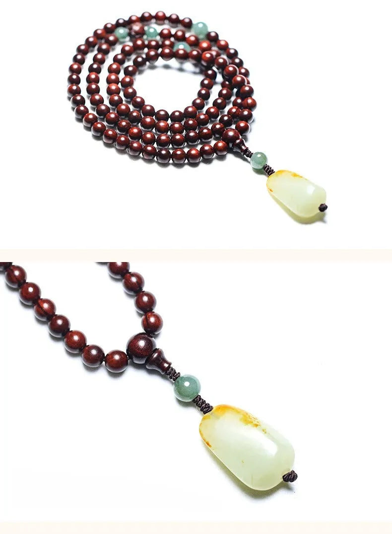 Carved rosewood bead bracelet with 6mm beads and Hotian jade pendant, unisex style