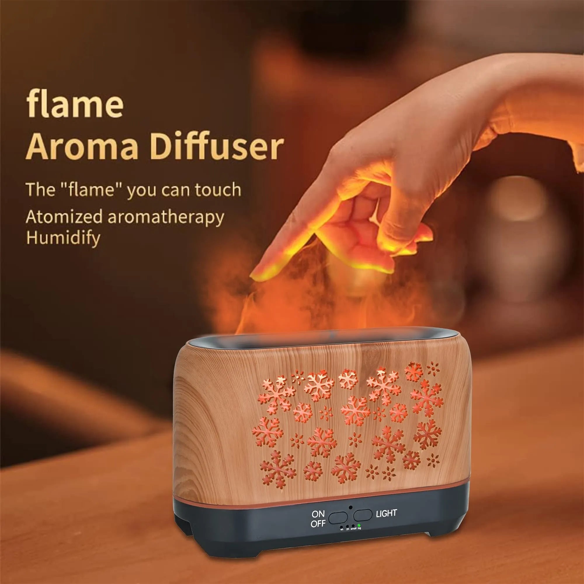 Christmas snowflake pattern humidifier with colourful flame effect and wood grain finish