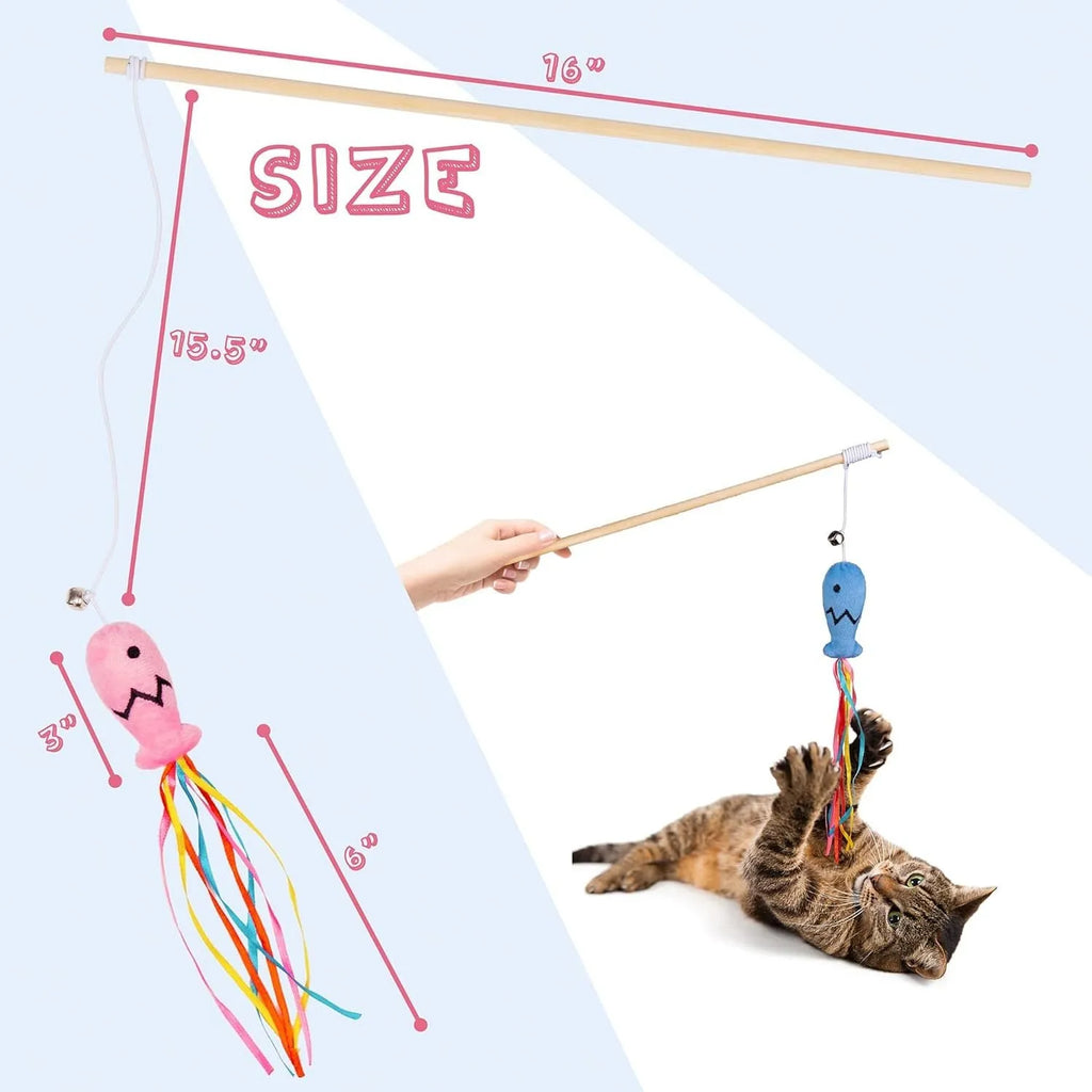 Blue cat wand toy with wooden handle, elastic string, catnip fish, ribbons, and bell.