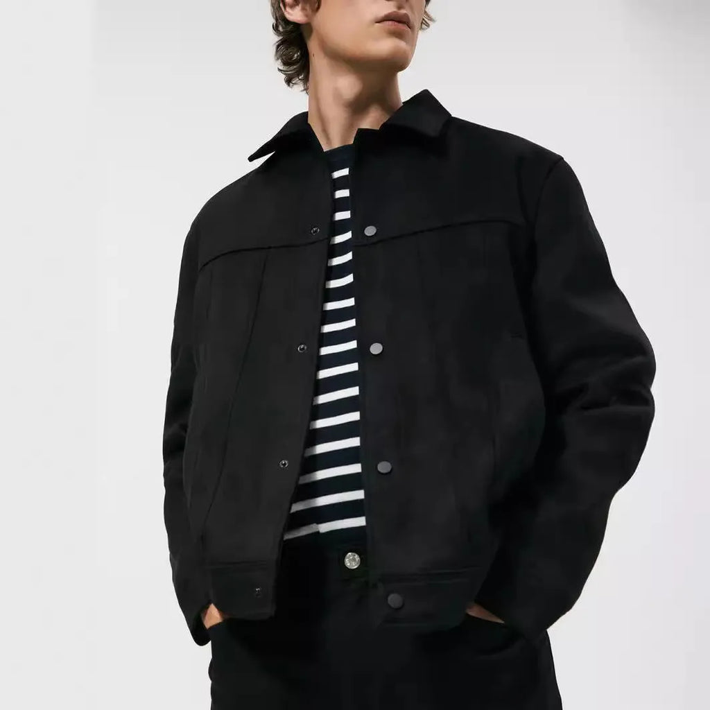Black men's hooded casual jacket with a suede collar, showing side seam pockets and loose long sleeves.