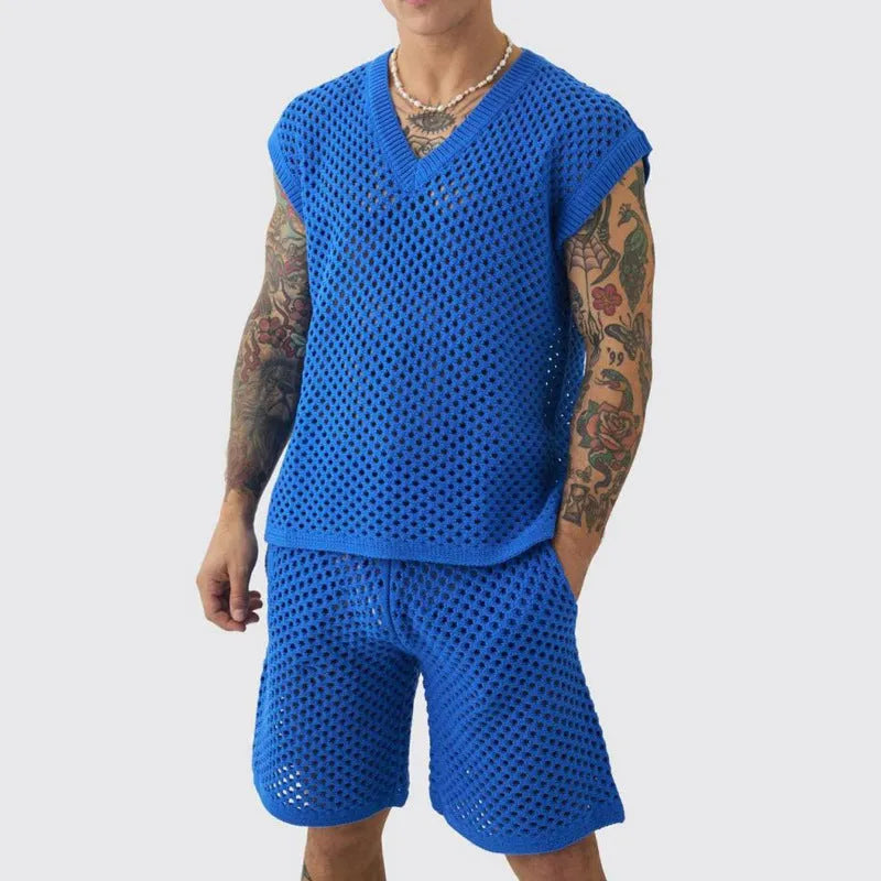 Men's blue V-neck sleeveless vest with matching shorts sports suit set