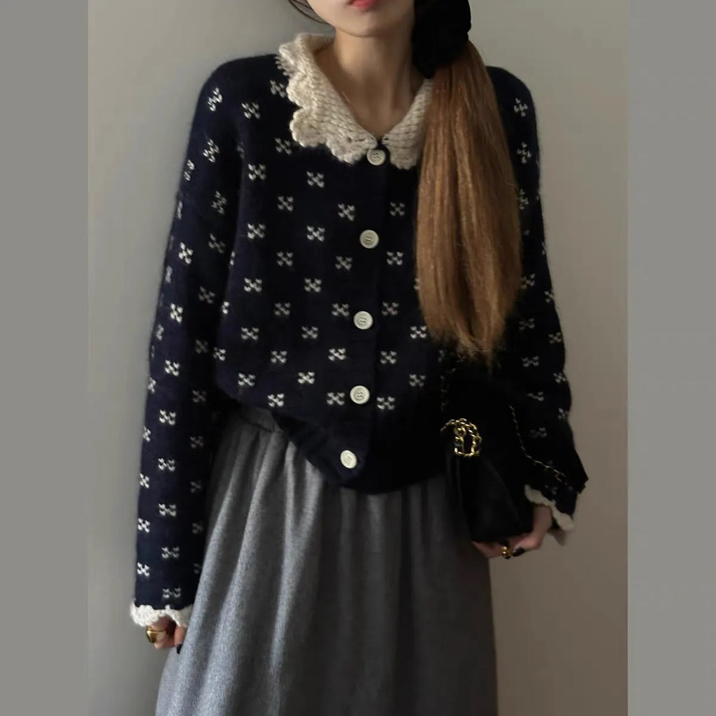 Retro Peter Pan collar knitted cardigan coat with floral embroidery in navy blue colour