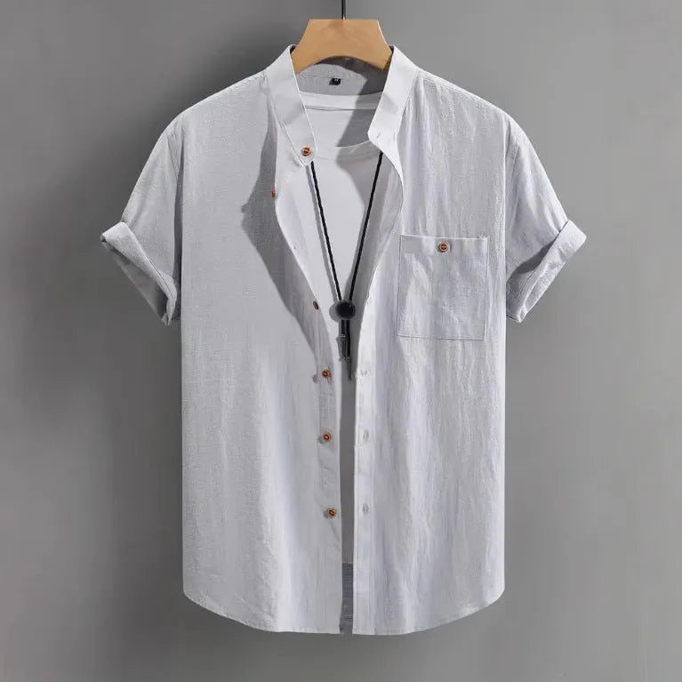 Men's short-sleeved cotton cardigan shirt in solid colour, front view, colour white