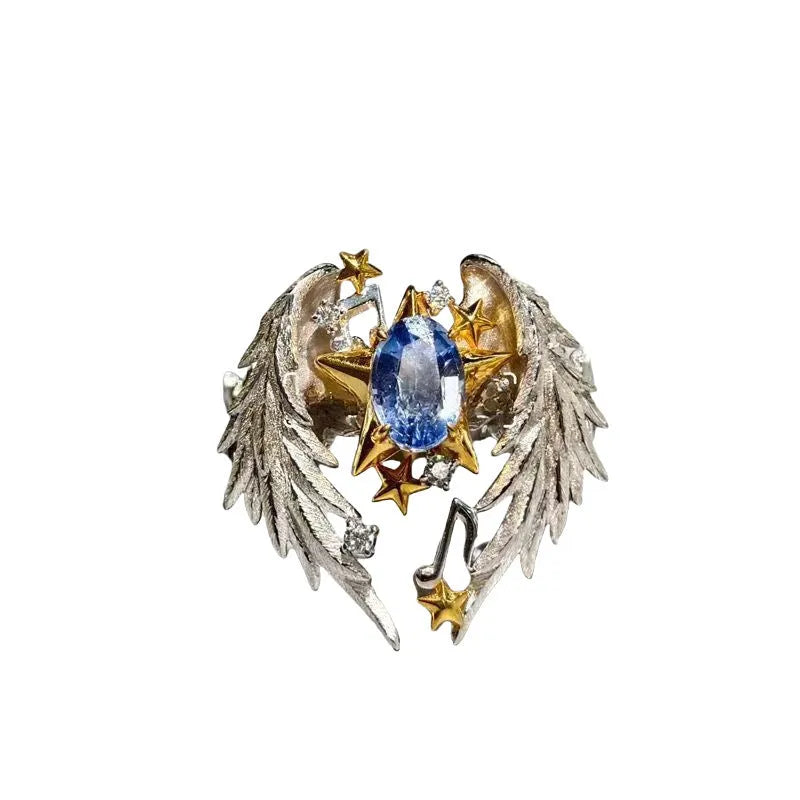 Angel wings geometric ring with adjustable open mouth design in alloy metal