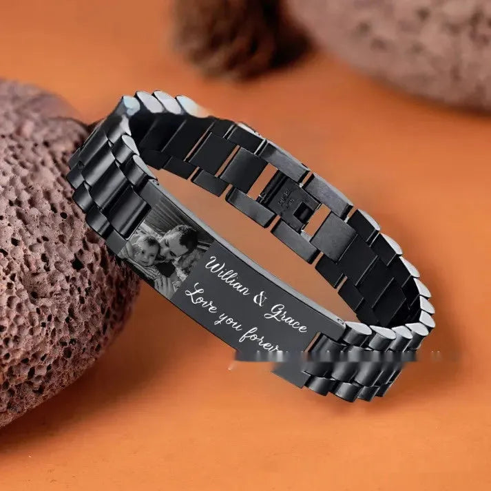 Men's stainless steel lettering bracelet with curved heart shape in gift box