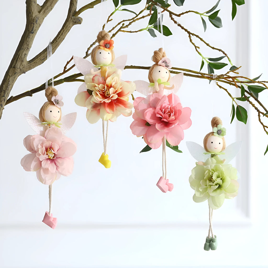 Cloth elf angel pendant with floral design in pink, green and yellow Easter colours