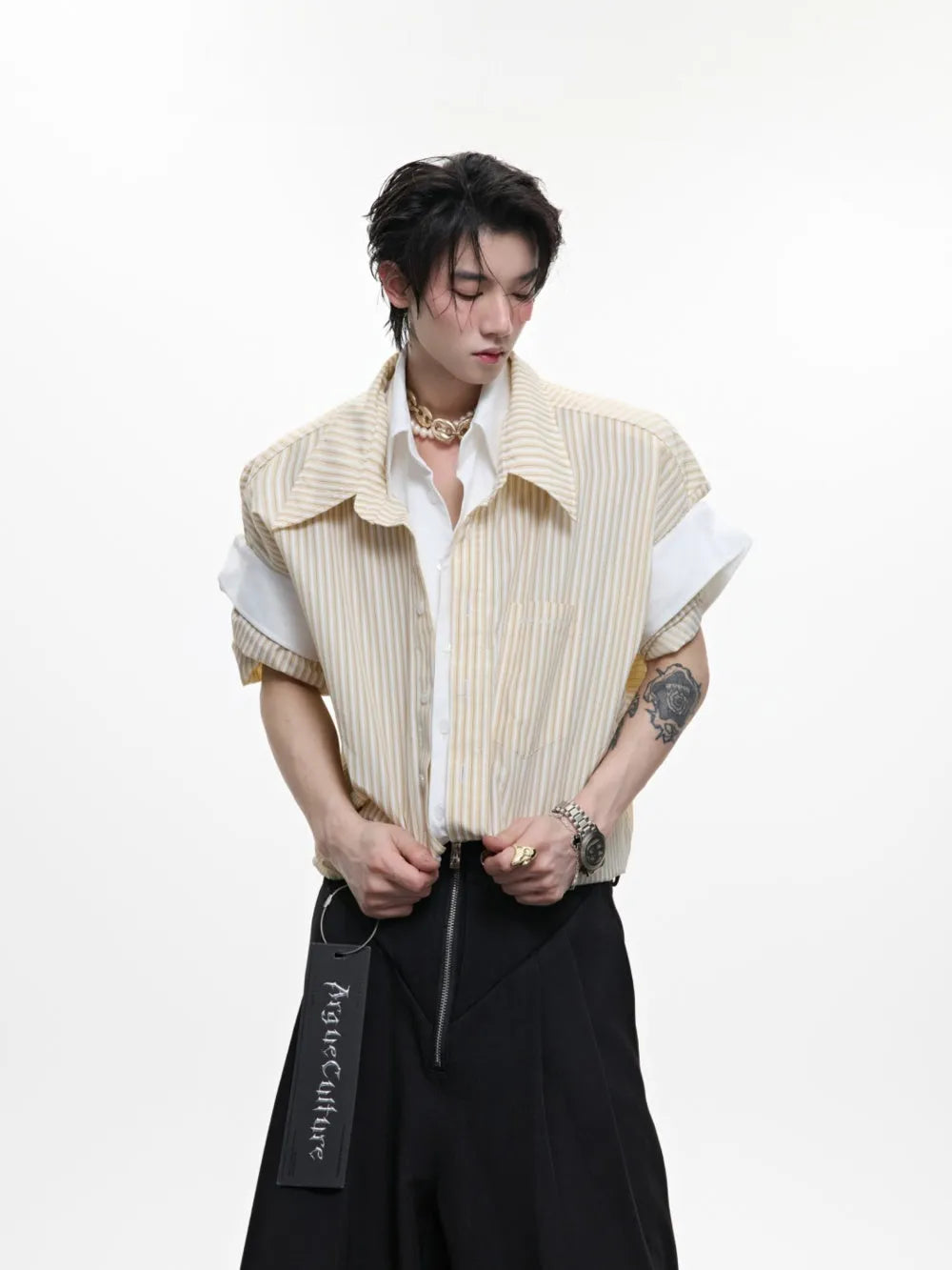 College blue striped fake two piece short sleeve cardigan with lapel collar in 100% cotton