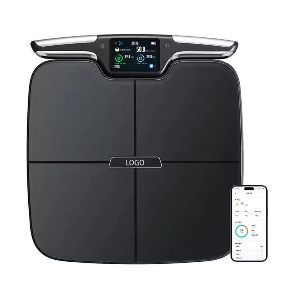 Black eight-electrode intelligent body fat weighing scale on a flat surface.
