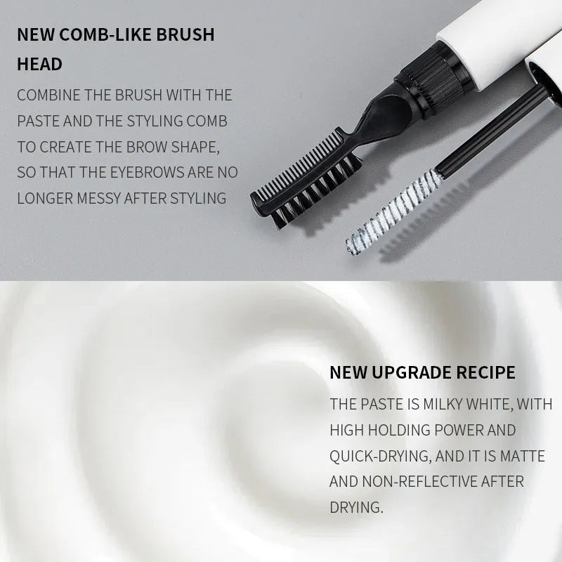 Pink and white eyebrow glue tube with applicator brush for natural wild brow styling.