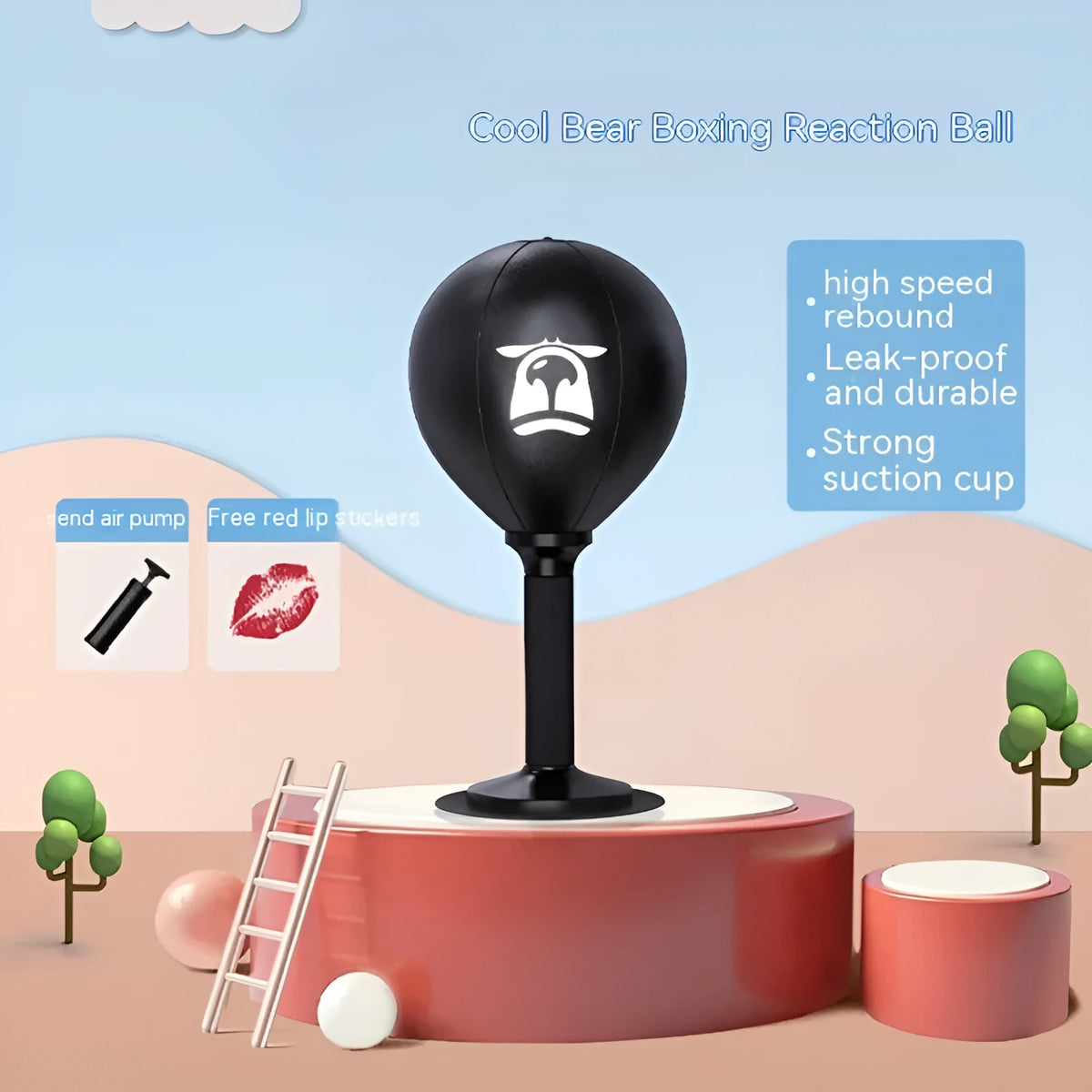 Desktop speed ball reaction trainer with PU ball in vertical style, Cool Bear design on desk