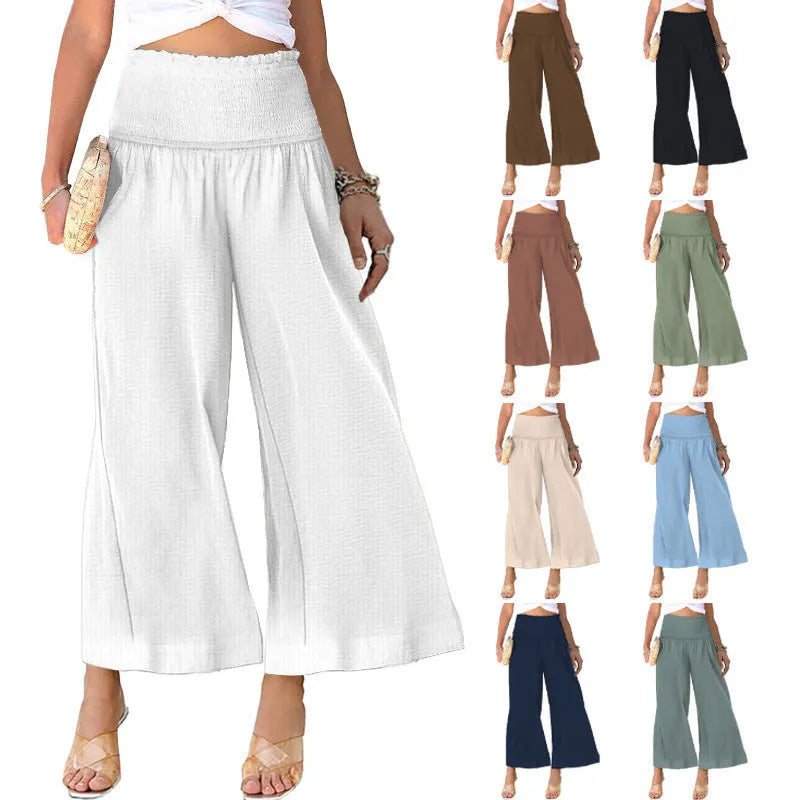 Women's high waist trousers in cotton linen blend with pleating details and straight-leg cropped silhouette