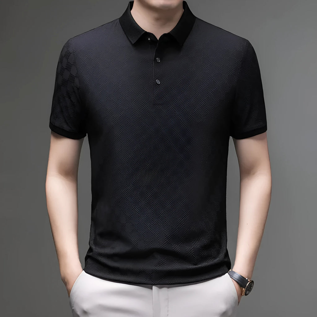 Rhombus pattern thin ice silk short sleeve T-shirt with slit detail in chemical fibre blend fabric