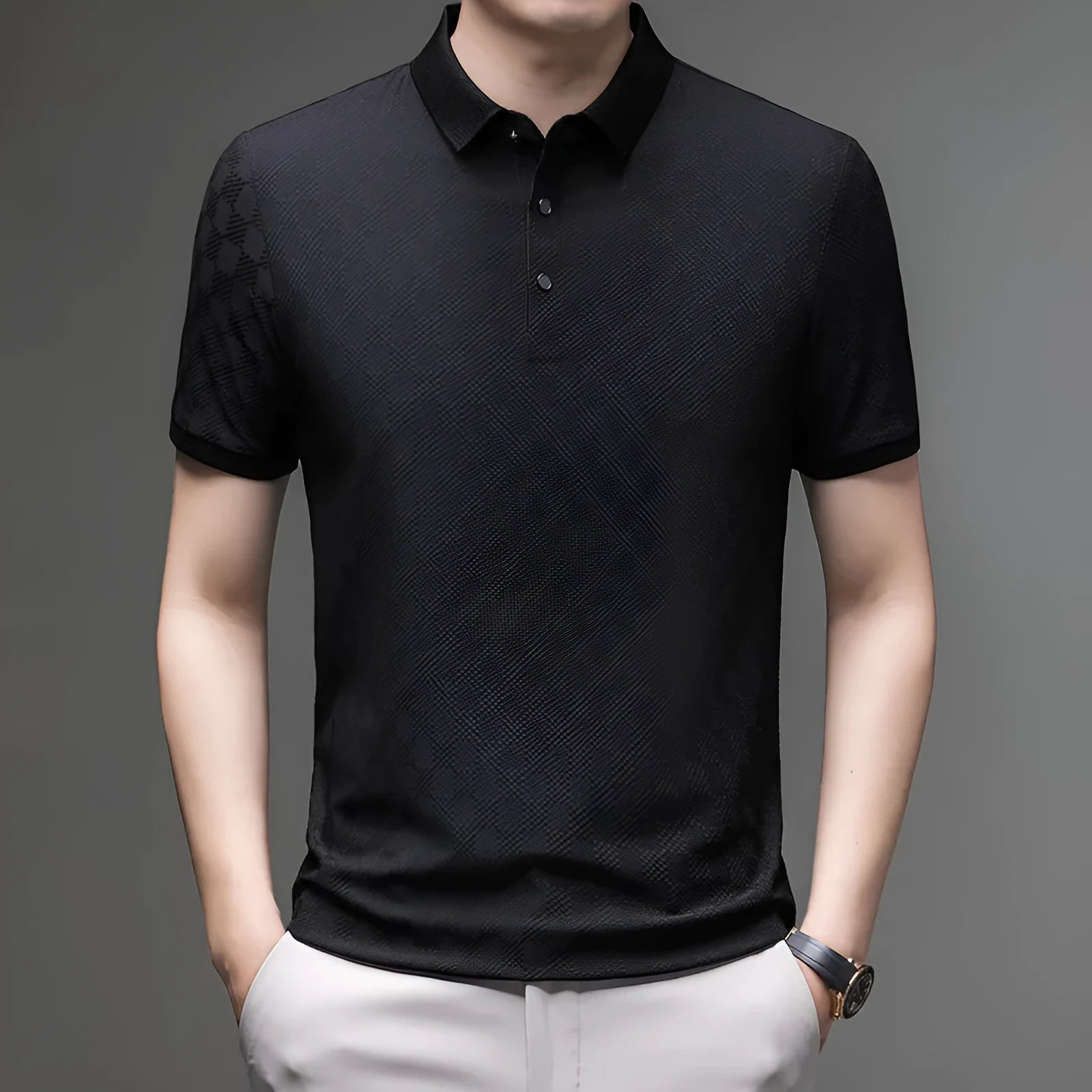 Rhombus pattern thin ice silk short sleeve T-shirt with slit detail in chemical fibre blend fabric