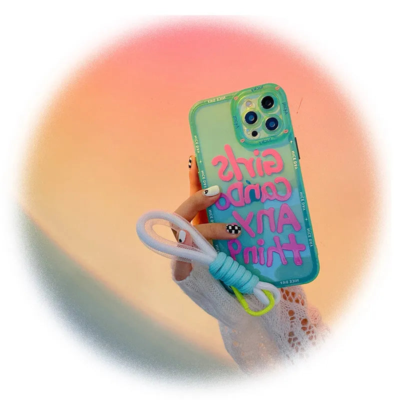 Graffiti personalised TPU phone case for iPhone with detachable blue lanyard, showing blue-haired girl or green crocodile artwork.
