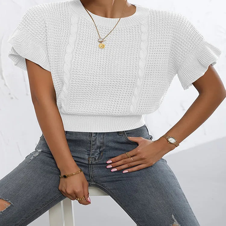 Women's loose fit knitted pullover with twisted string ruffled short sleeves in black colour
