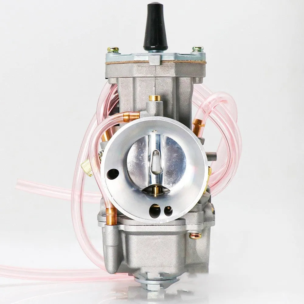 Sandblasted PWK motorcycle carburetor kit for performance modification, showing size options.